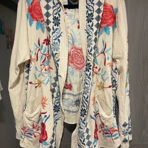 Johnny Was Cream and Red Embroidered Cardigan Sweater